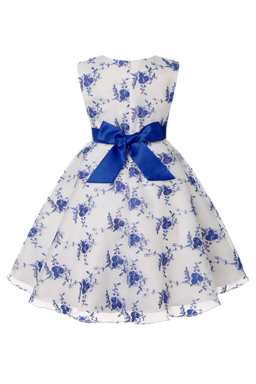 Azul Vestido de Menina Com Laço Renda